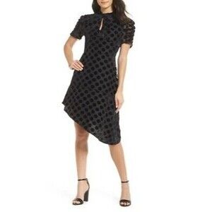 Chelsea28 Sheath Dress Size M Asymmetrical Hem Velvet Dotted Black $149 NEW B93